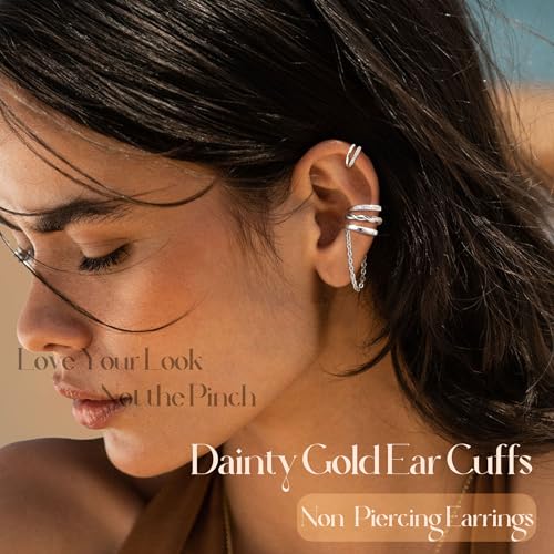 Florideco 4Pcs Ear Cuffs Non-Piercing for Women Dainty 14K Gold Plated Clip On Cartilage Earrings Hypoallergenic Huggie Hoop Cuffs Fake Earings for Non Pierced Ears - color: Double-White Gold Plated