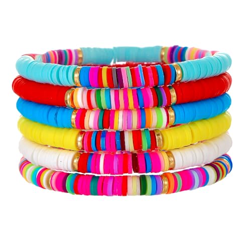 Friendship Bracelets for Women - Heishi Surfer Colorful Smile Evil Eye Clay Beaded Stretch Bracelets Elastic Layering - Stackable Boho Disc Y2K Aesthetic Summer Jewelry Set. - color: Heishi-6pc-colorful
