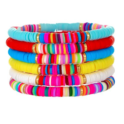 Friendship Bracelets for Women - Heishi Surfer Colorful Smile Evil Eye Clay Beaded Stretch Bracelets Elastic Layering - Stackable Boho Disc Y2K Aesthetic Summer Jewelry Set. - color: Heishi-6pc-colorful