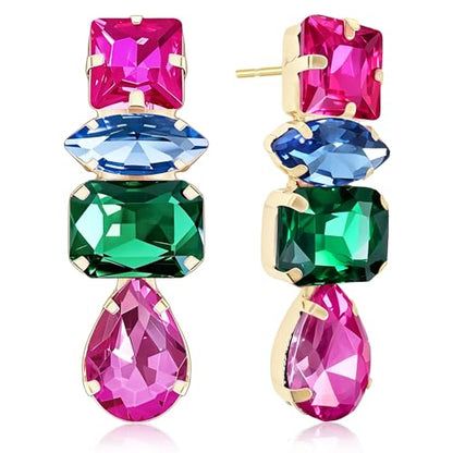 Dainty Sparkly Crystal Square Teardrop Circle Dangle Drop Earrings Long Chic Glitter Rhinestones Geometry Stud Earrings For Women - style: Rose Red Blue Green
