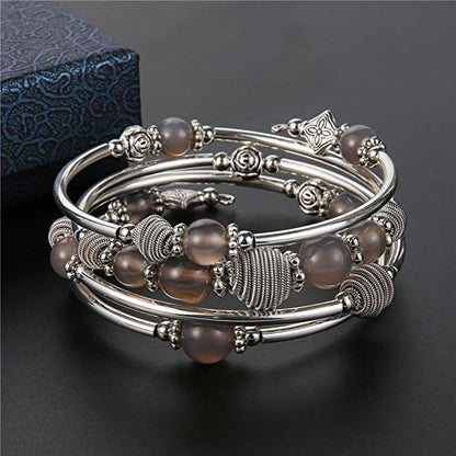 PEARL&CLUB Beaded Chakra Bangle Turquoise Bracelet - Fashion Jewelry Wrap Bracelet with Thick Silver Metal and Mala Beads, Birthday Gifts For Women - color: Agate grey