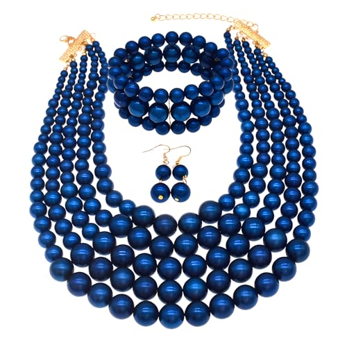 JNF Large Faux Pearl Necklaces for Women Multi strand Pearl Necklace Bracelet and Earrings Set 1920s Costume Pearls Necklace Jewelry Accessories - color: Royal blue pearl necklace