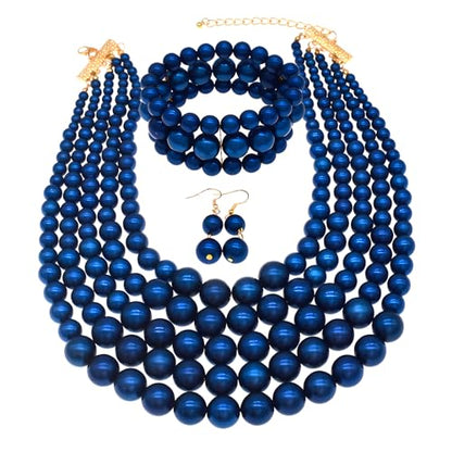 JNF Large Faux Pearl Necklaces for Women Multi strand Pearl Necklace Bracelet and Earrings Set 1920s Costume Pearls Necklace Jewelry Accessories - color: Royal blue pearl necklace