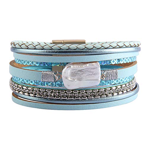 GelConnie Leather Cuff Bracelet Baroque Pearl Wrap Bracelet Gorgeous Gold Tube Bangle Boho Bracelet Bohemian Wristband Jewelry Gift for Women Wife - color: Charm Leather Bracelet-Blue