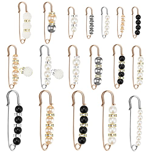 Hicarer 18 Pcs Pearl Safety Pin Brooches for Women Decorative Safety Pins for Clothing Sweater Shawl Clips Pant Waist Tightener Cardigan Collar Clips(Elegant Style) - style: Elegant Style