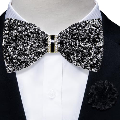DiBanGu Mens Rhinestone Bow Tie with Ring and Lapel Pin Set | Adjustable Strap,Pre-tied Style,3PCS,Sequin Diamond Bowties，Solid/Mix Color,Shiny Accessory,for Party Prom Banquet Wedding - color: Black Silver