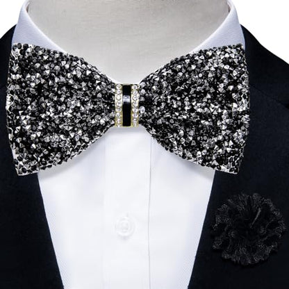 DiBanGu Mens Rhinestone Bow Tie with Ring and Lapel Pin Set | Adjustable Strap,Pre-tied Style,3PCS,Sequin Diamond Bowties，Solid/Mix Color,Shiny Accessory,for Party Prom Banquet Wedding - color: Black Silver