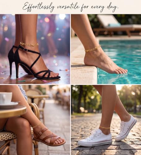 Dainty Layered Ankle Bracelets for Women Waterproof, 14K Gold/Silver Plated Anklets Beaded Satellite Chain Ankle Bracelet Set Trendy Beach Summer Fashion Jewelry Gift - style: Style 3