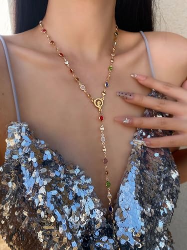 Colorful Crystal Long Necklace for Women Dainty Boho Y-Shaped Color Bead Necklaces Sparkly Rhinestone Pendant Layered Gold Long Chain Choker Good Luck Trend Jewelry Gift Jewelry - color: Head-Silver