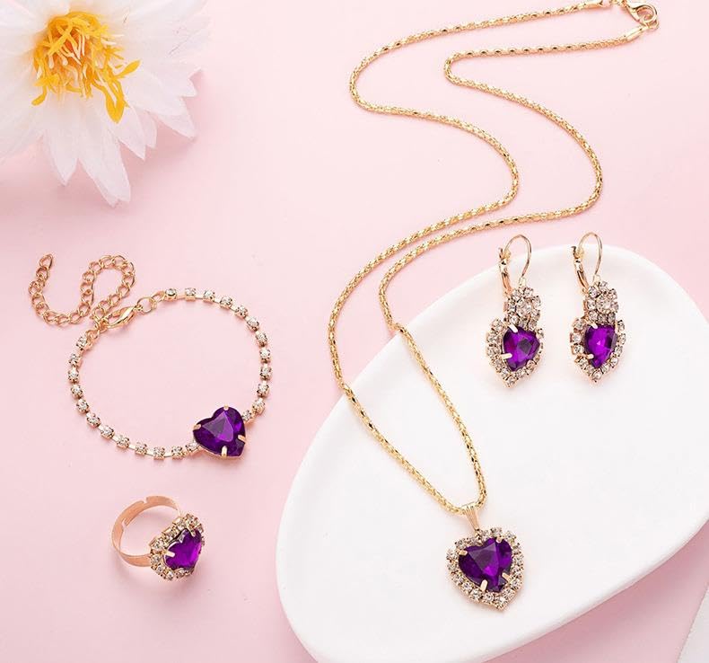 MALOYANVE 4PCS Crystal Heart Jewelry Set Glitter Gold Cubic Zirconia Love Heart Pendant Necklace Lightweight Hoop Earrings Bangle Bracelet Adjustable Open Ring Prom Wedding Jewelry for Women - color: Purple