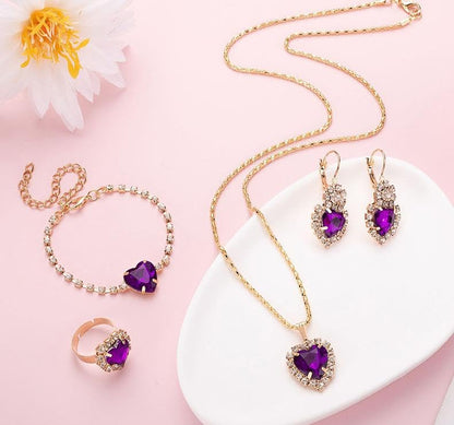 MALOYANVE 4PCS Crystal Heart Jewelry Set Glitter Gold Cubic Zirconia Love Heart Pendant Necklace Lightweight Hoop Earrings Bangle Bracelet Adjustable Open Ring Prom Wedding Jewelry for Women - color: Purple