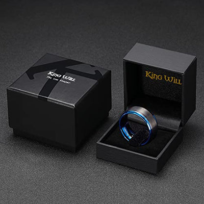King Will Mens Brushed Wedding Band, Two Tone Matte Step Edges/Pipe Cut, Tungsten Carbide Anniversary Promise Rings Comfort Fit - color: Black&Blue-10mm