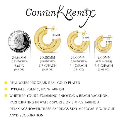 CONRAN KREMIX Waterproof Chunky Gold Hoops Earrings for Women Non Tarnish, Thick Gold Plated Circle Open Hoop,Lightweight Hollow Earrings Trendy - color: 30MM-Gold