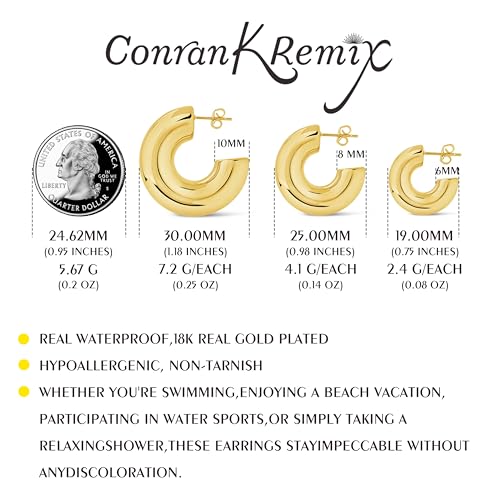 CONRAN KREMIX Waterproof Chunky Gold Hoops Earrings for Women Non Tarnish, Thick Gold Plated Circle Open Hoop,Lightweight Hollow Earrings Trendy - color: 25MM-Gold