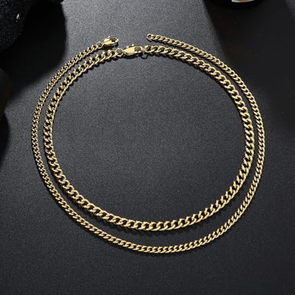 2PCS Cuban Link Chain Set for Men - Gold/Silver Plated Stainless Steel Layered Chain Necklace Non-Tarnish Jewelry Gift - color: Gold, size: 20inch+22inch