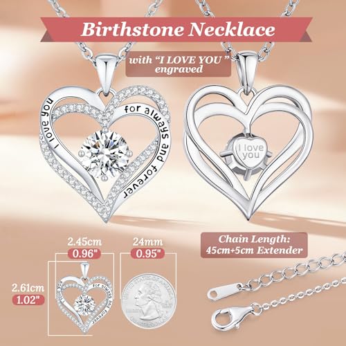 CDE Engraved Forever Love Heart Birthstone Necklace Jewelry Gifts for Women | Hypoallergenic,Nickel-Free & Lead-Free,3 x 3 mm 5A CZ Heart Pendant,Anniversary Christmas Birthday Gift for Girlfriend Wife - color: 04-Apr-WG, style: White Gold Plated