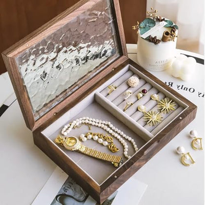Wooden Jewelry Box with Glass Lid, Multi-Compartment Jewelry Display Case, Ligth Gray Velvet Lining, Walnut Brown - color: Ligth Gray Velvet Lining, Walnut Brown