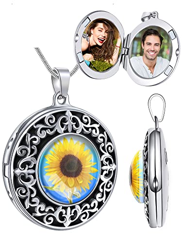 Farfume Personalized Photo Necklace for Women/Men, Memorial Jewelry Gifts | Holds 2 Pictures Pendant, Custom Engraved Text, Beautiful Locket for Girls, Durable Stainless Steel, Mothers Day Gifts - color: A-2 Sunflower locket neclace