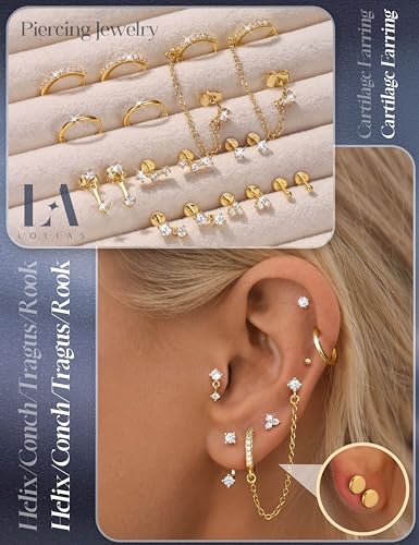 LOLIAS Hypoallergenic Gold Threadless Flat Back Stud Earrings for Women | 20G 18G 16G Surgical Steel Earrings Push in Nose Studs CZ Cartilage Earring Set Labret Helix Tragus Conch Piercing Jewelry - color: 14K Gold, size: 18G(1.0MM)-CZ