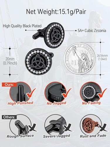 FaithHeart Mens Cufflinks, Norse Viking Tuxedo Shirt Cuff Links, Stainless Steel Cuff Links and Shirt Studs, Gift Box - style: 02. Trinity Celtic CZ-Black