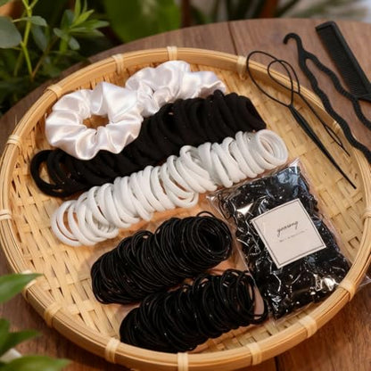500-Count Black White Hair Ties Bulk Set, Mixed Thin Nylon Elastics with Styling Comb for Women