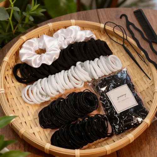 500-Count Black White Hair Ties Bulk Set, Mixed Thin Nylon Elastics with Styling Comb for Women