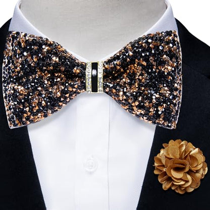 DiBanGu Mens Rhinestone Bow Tie with Ring and Lapel Pin Set | Adjustable Strap,Pre-tied Style,3PCS,Sequin Diamond Bowties，Solid/Mix Color,Shiny Accessory,for Party Prom Banquet Wedding - color: Black and Gold