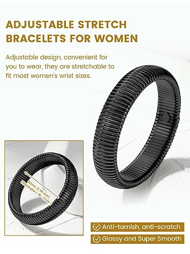 KeyStyle Bangle Bracelets For Women, Stainless Steel Stretch Bracelet Wide | 14K Gold/Rose Gold/Black/Silver Plated Flexible Wide Twisted Link Chain Wristband Jewelry, 10Mm, 16Mm, 20Mm - color: 16mm -Black