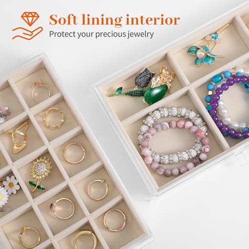 Acrylic Jewelry Box with 5 Drawers, Clear Case with Beige Velvet Lining, 9.25" x 5.31" x 6.7" Earring Organizer with Adjustable Dividers, Stackable Storage Display for Rings Necklaces Bracelets