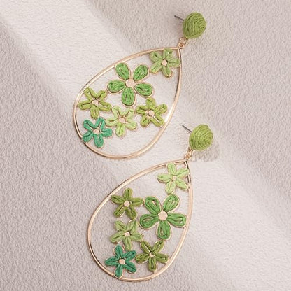 Boho Raffia Flower Teardrop Earrings Cute Colorful Dangle Trendy Jewelry | Floral Drop Statement Big Dangling Earring Hypoallergenic Gold Fun Unique Summer Spring Beach Vacation Outfits for Women - color: Green