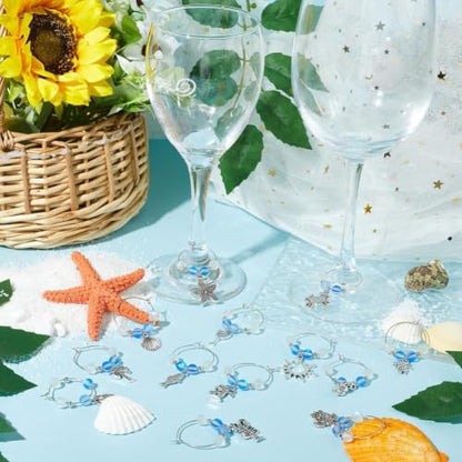 SUNNYCLUE 1 Box 14Pcs Drink Charms Bulk Wine Marker Charms Wine Glass Identifier Sea Summer Ocean Hawaii Glass Ball Charms Wine Identifiers for Gathering Wedding Gift Party Favor Drinks Decor Supplies - style: 14 Sets Silver Tone Summer Ocean Wine Charms