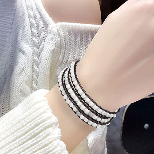 Genuine Stone Wrap Bracelets for Women Natural Crystal Beaded Wrap Bracelet 2/3/5 Adjustable Bohemian Bracelets Jewelry Gifts for Women Mom - color: white turquoise(3 wraps)