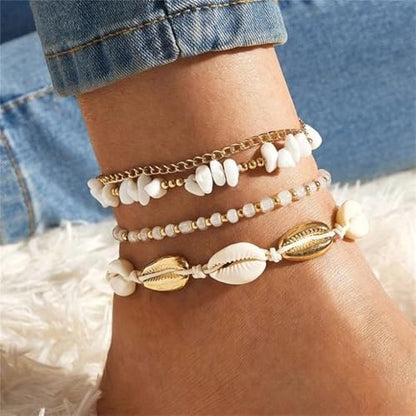 Shell Ankle Bracelet Set for Women,Boho Adjustable Beads Anklet Pack Natural White Shells Stack Stretch Seashell Pearl Starfish Bracelet Set Hawaiian Beach Vacation Foot Jewelry - style: E-Shell Beads 4Pcs