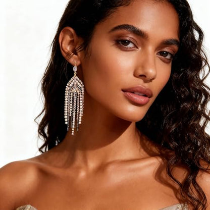 Fringe Dangling Tassel Earrings for Women, Handcrafted Chandelier Long Bohemian Beaded Cubic Zirconia Crystal Imitation Pearls Inlay Statement Boho Chain Hook Earrings for Wedding Party - color: Black