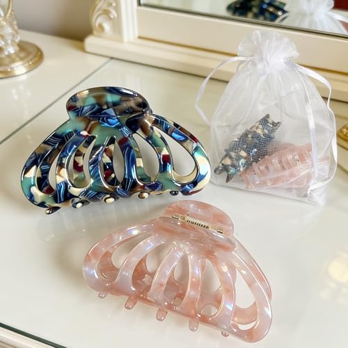 Fashion Acetate Hair Clips for Women Gilrs,2PCS Set,Marble Royalblue&Pink | Resin Medium Hair Claw Clip for Fine Thin Hair,Non Slip Grip Hair Jaw Clips,French Cellulose barrettes Hair Accessories gift - color: Royalblue&Pink