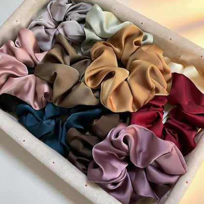 Big Satin Scrunchies for Women, 5.2 Inches Large Scrunchie, Silk Elastic Ponytail Holders for Girls, Jumbo Hair Ties for Thick/Curly Hair, Soft Scrunchy No Crease No Pilling, 4 Pack - color: Pruple+Coffee