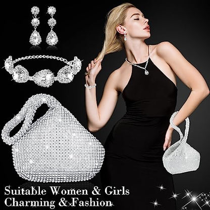 4 Pcs Silver Clutch Purse Jewelry Set for Women Rave Accessories Evening Rhinestone Purse Silver for Bride Wedding - style: Bling Style