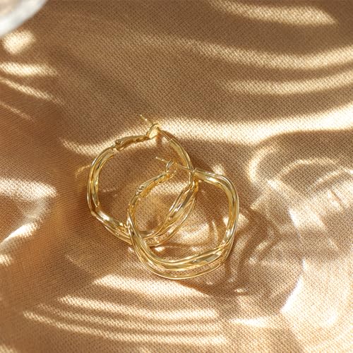 Chunky Large Gold Puffy Open Hoop Earrings for Women,Trendy Statement Big Minimalist Wavy Huggie Earing Prom Jewelry Gift - color: Triple