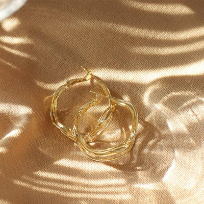 Chunky Large Gold Puffy Open Hoop Earrings for Women,Trendy Statement Big Minimalist Wavy Huggie Earing Prom Jewelry Gift - color: Triple