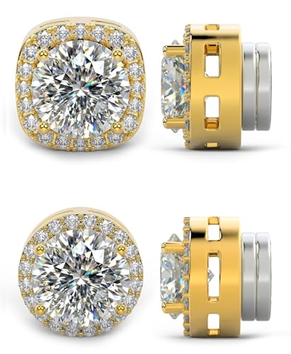 Magnetic Earrings for Men 5A Cubic Zirconia Stainless Steel Clip On Earring | 2 Pairs Fake Earrings Non Pierced Magnet Nose Stud Piercings for Women, 5/6/7/8MM Simulated Diamond, Gold/Silver/Black Color - color: Gold-Style One-6mm