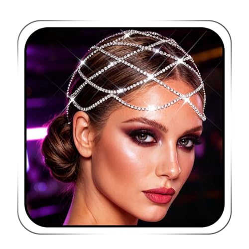 Rhinestone Head Chain 1920s Mesh Flapper Headpiece for Women | 20s Cap Roaring Hair Accessories,Bling Crystal Wedding Prom Head Jewelry