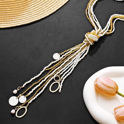 Coiris Long Seed Beaded Multi Strand Necklace,10 Multiple Statement Long Bib Necklace with Tie Knot for Women and Girls Jewelry - color: Natural