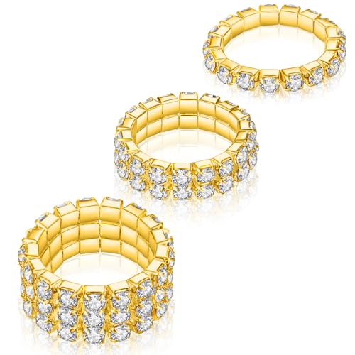 Kucheed 3PCS Rhinestone Stretch Ring, Fashion Crystal Stackable Finger Rings Set, Cute Toe Ring Body Jewelry, Silver Diamond Elastic Band Ring Accessories, Sparkly Thumb Pinky Ring for Women - color: Gold