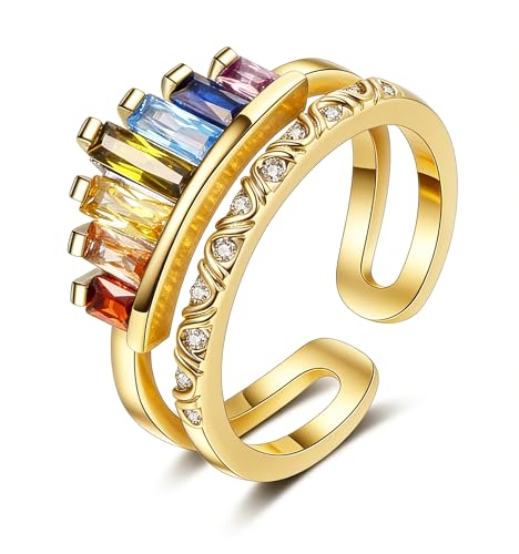 MALOYANVE Rhinestone Crown Open Ring for Women, Colorful Crystal Cubic Zirconia, Rainbow, Adjustable, Elegant Princess Queen Statement Promise Wedding Jewelry - color: Gold