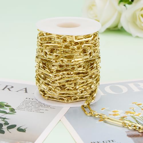 KYUNHOO 5 Meters Light Gold Plated Jewelry Making Chains on Spool | Chunky Iron Jewelry Chain Roll Circle and Paperclip Chain Link for Crafts - color: Paperclip Circle Gold