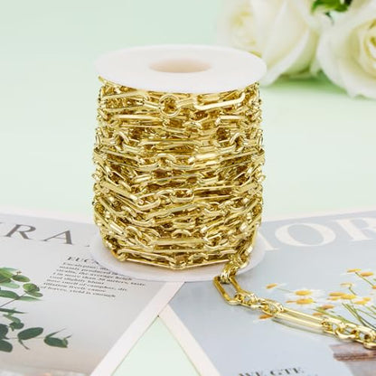 KYUNHOO 5 Meters Light Gold Plated Jewelry Making Chains on Spool | Chunky Iron Jewelry Chain Roll Circle and Paperclip Chain Link for Crafts - color: Paperclip Circle Gold