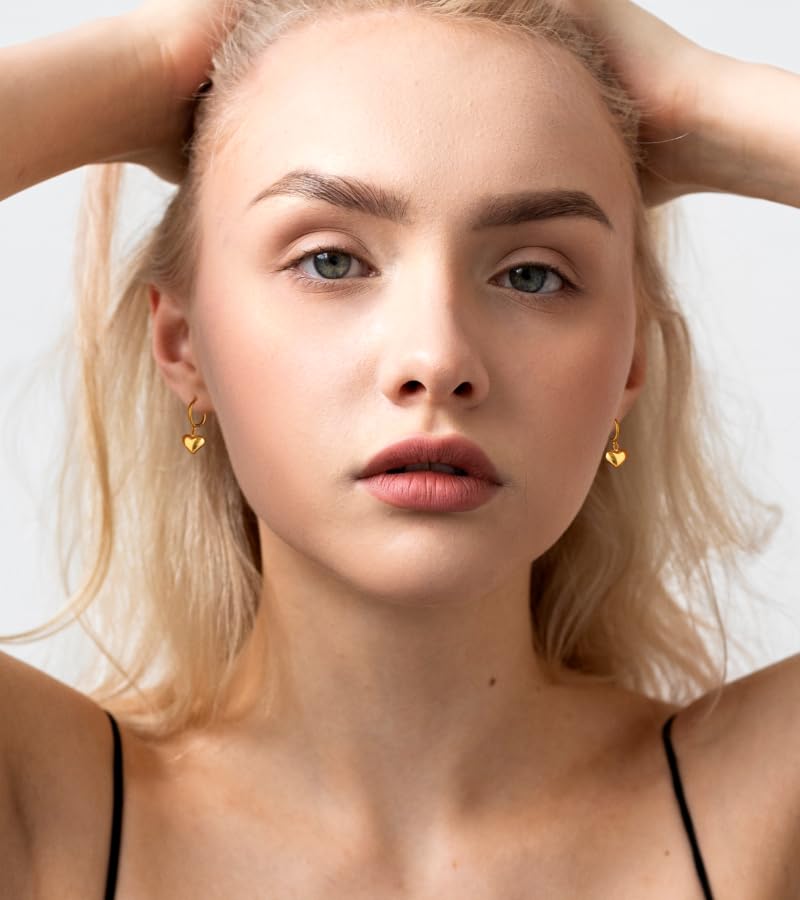 18K Gold Plated & Silver Chunky Heart & Bow Earrings for Women, Chunky Heart Dangle Hoops/Tiny Studs, Kawaii Dainty Hypoallergenic Jewelry for Multiple Piercings, Gift for Her - style: Chunky Heart Dangle