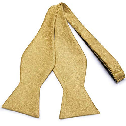 Hi-Tie 5Pcs Mens Solid Color Silk Tie Satin Pretied Bowtie Lapel Pin for Men Handkerchief Cufflink Wedding Gift Box - color: A Gold Paisely
