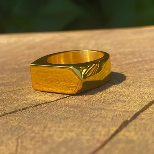 Gold Plated 925 Sterling Silver Signet Ring, Minimal Plain Square Band, Handmade Modern Unisex Pinky Ring for Men & Women, Boho Gift