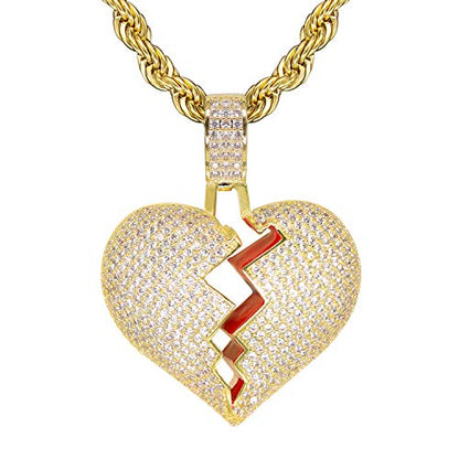 Broken Heart Pendant Necklace Hip Hop CZ Fully Iced Out Bling CZ Diamond 24K White Gold Plated with 24" Stainless Rope Chain - color: Gold